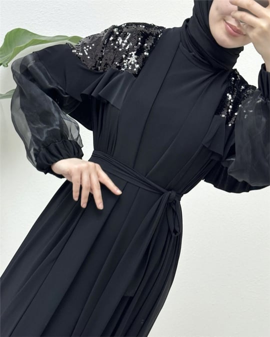 Omuzları Pul Payet Kolu Tül İkili Abaya -Siyah