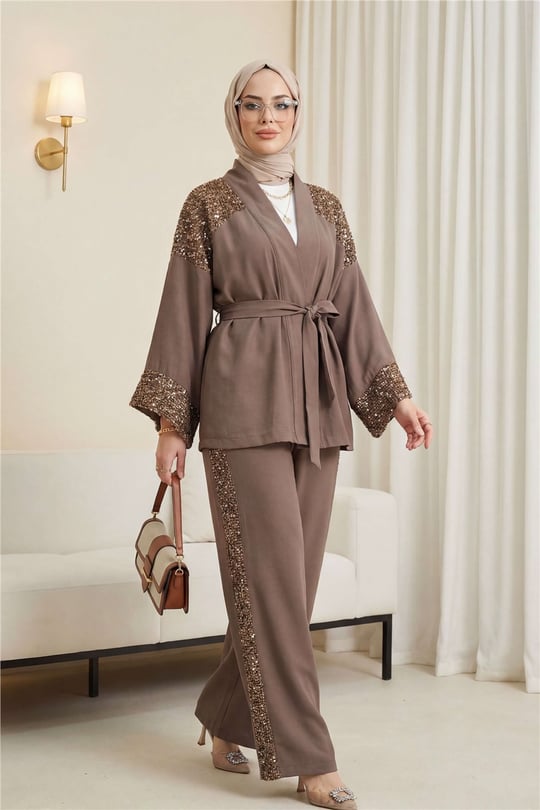 Omzu Ve Kolu Pul Payet Kemerli Pantolonlu Keten Kimono Takım  -Toprak
