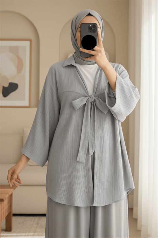 Önden Bağlamalı Krınkıl Kimono  -Gri