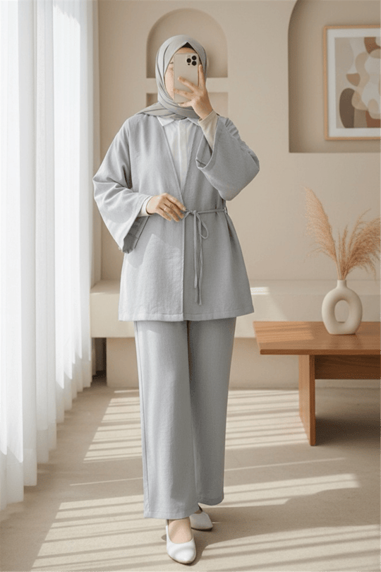 Önden Bağlamalı Pantolonlu Kimono Takım         -Açık Gri