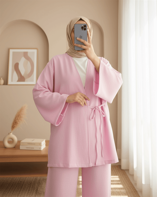 Önden Bağlamalı Pantolonlu Kimono Takım         -Pembe