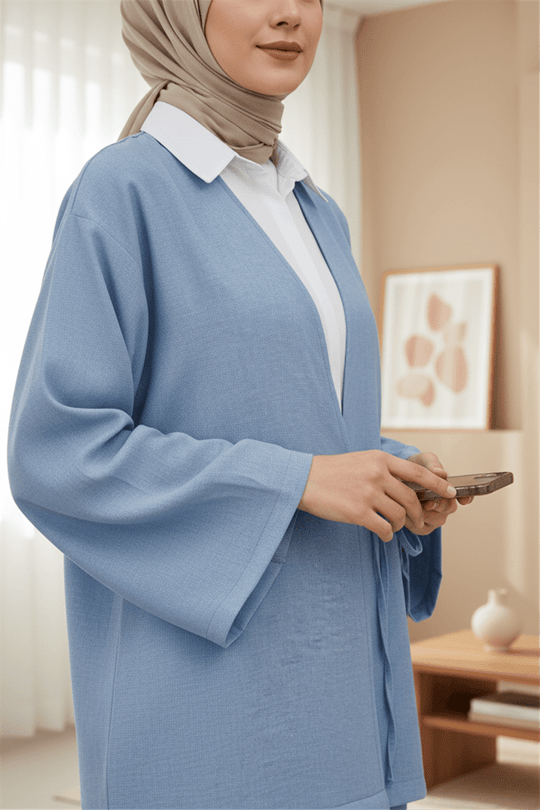 Önden Bağlamalı Pantolonlu Kimono Takım        -Mavi