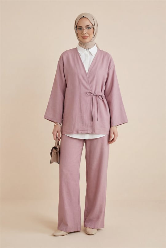 Önden Bağlamalı Pantolonlu Kimono Takım      -Pudra