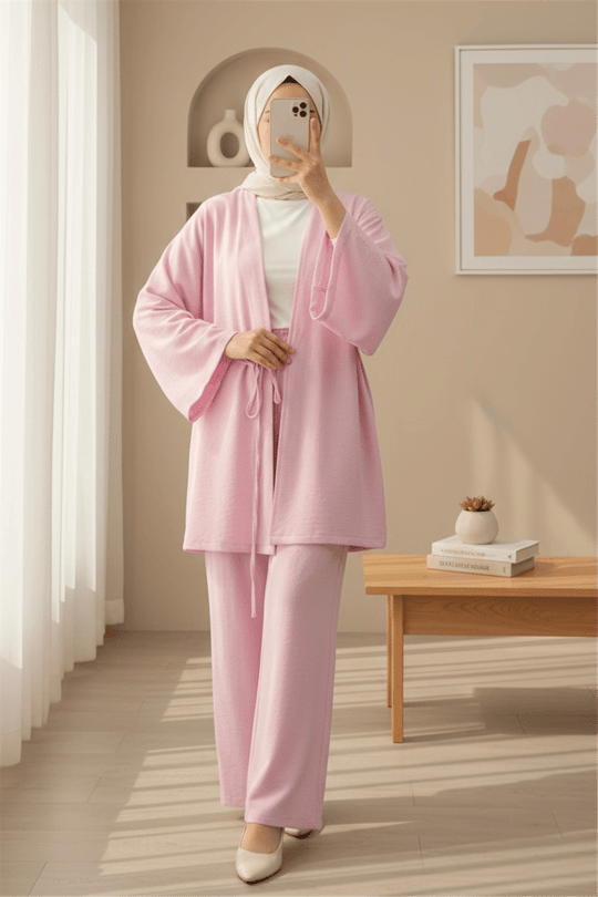 Önden Bağlamalı Pantolonlu Kimono Takım         -Pembe