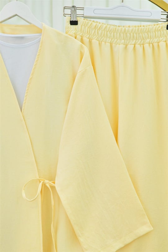 Önden Bağlamalı Pantolonlu Kimono Takım         -Açık Sarı
