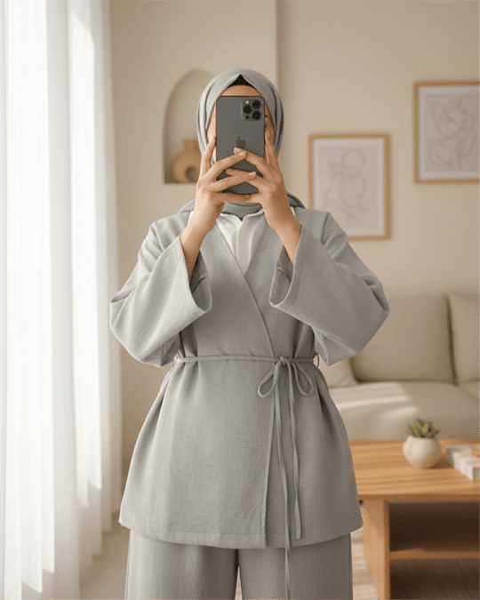 Önden Bağlamalı Pantolonlu Kimono Takım         -Açık Gri