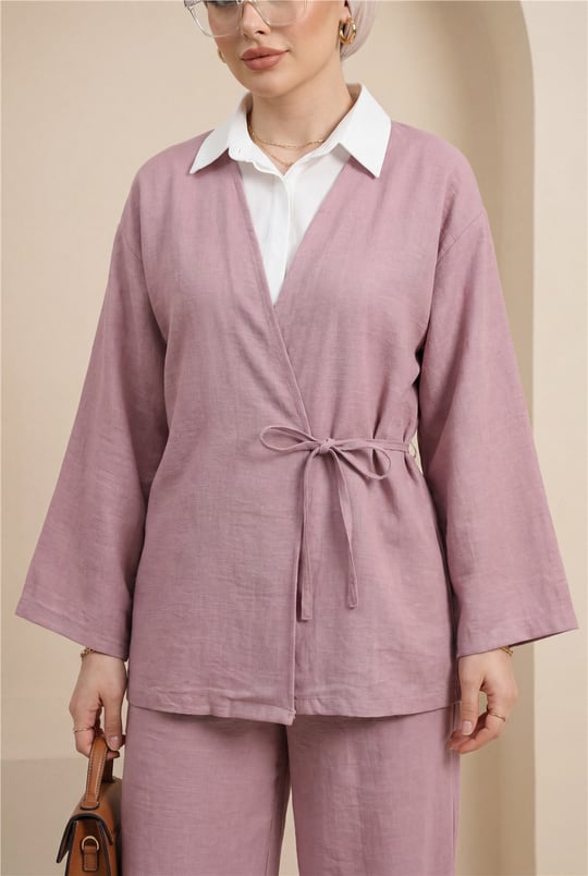 Önden Bağlamalı Pantolonlu Kimono Takım      -Pudra