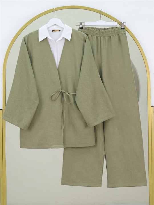 Önden Bağlamalı Pantolonlu Kimono Takım   -Haki
