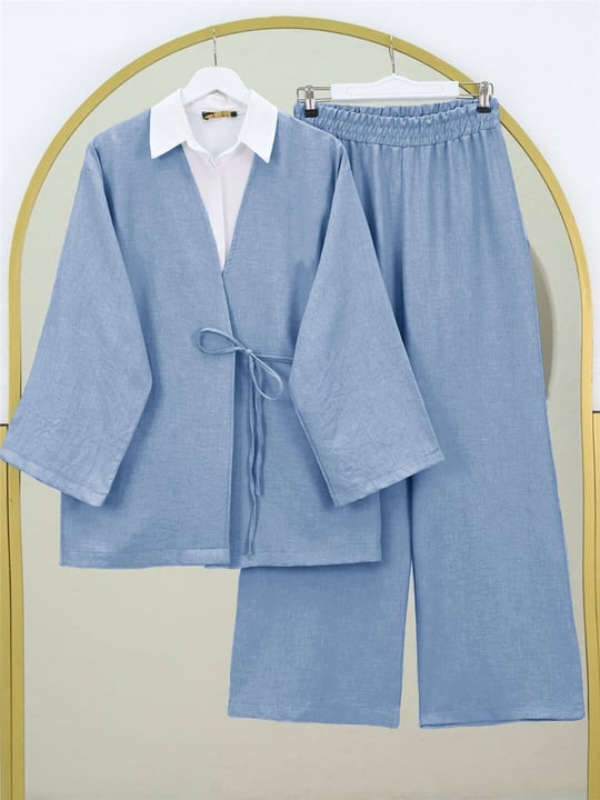 Önden Bağlamalı Pantolonlu Kimono Takım        -Mavi
