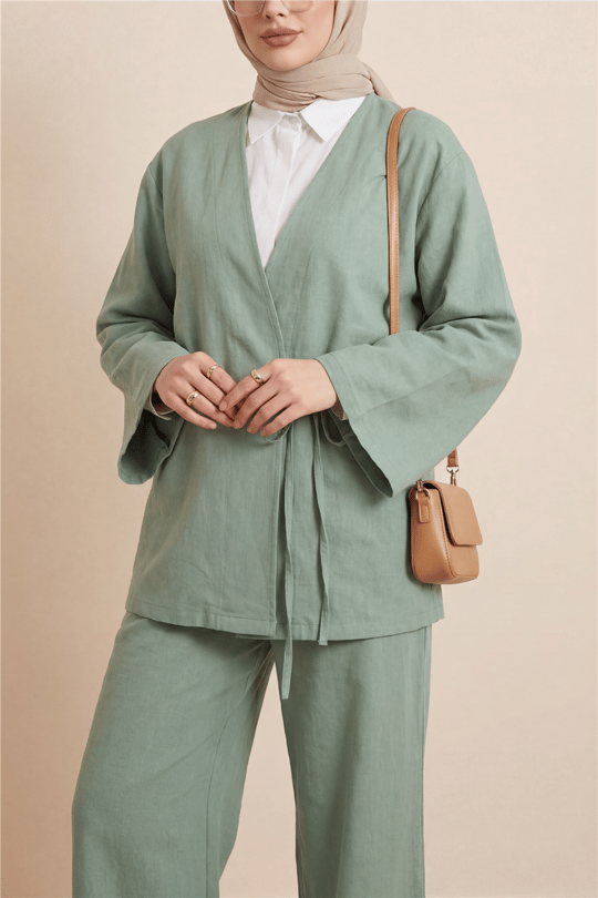 Önden Bağlamalı Pantolonlu Kimono Takım       -Su Yeşili