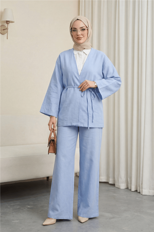 Önden Bağlamalı Pantolonlu Kimono Takım   -Bebe Mavi