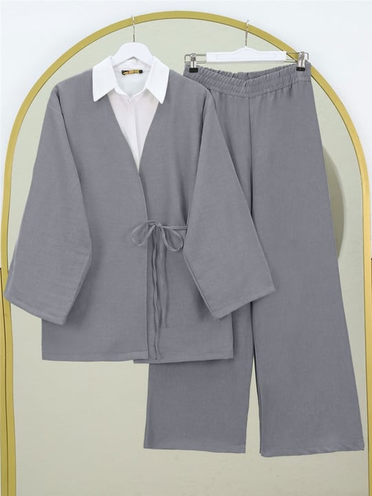 Önden Bağlamalı Pantolonlu Kimono Takım     -Koyu Gri