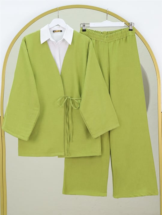 Önden Bağlamalı Pantolonlu Kimono Takım -Yağ Yeşili