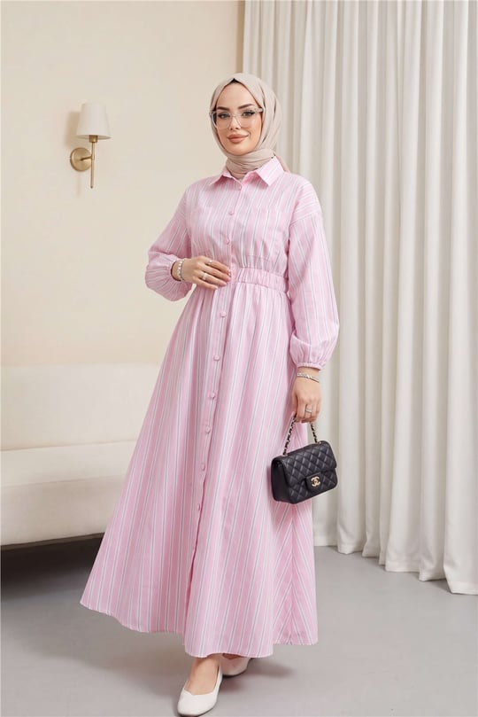 Önden Düğmeli Beli Lastikli Çizgili Elbise -Pembe