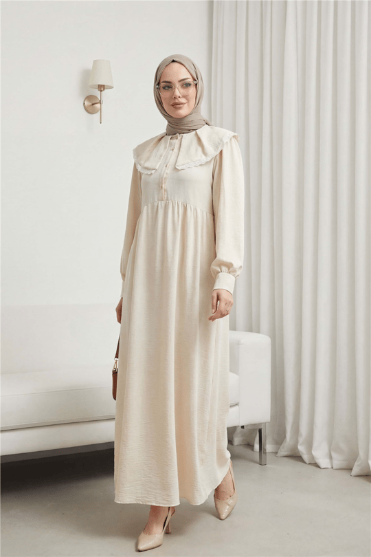 Womens Bib Collar Ruched Half Button Linen Dress - Beige