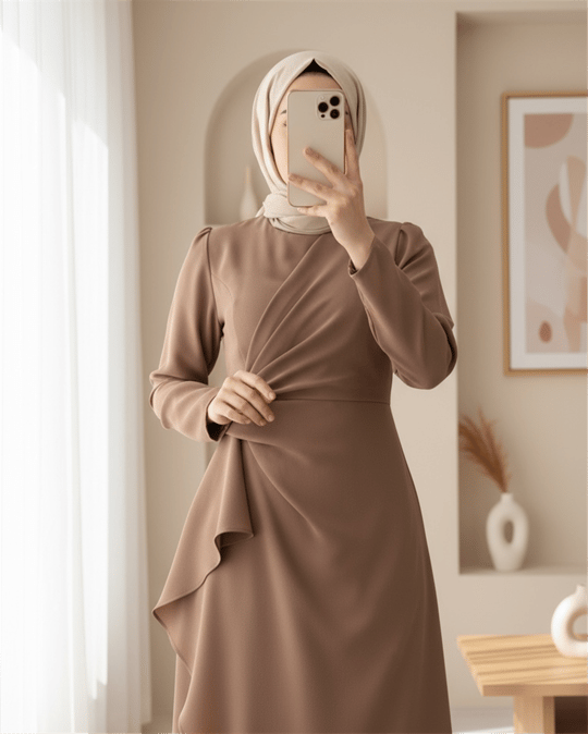 فستان كريب غير متماثل مع تنورة وتنورة من الأمام -مينك