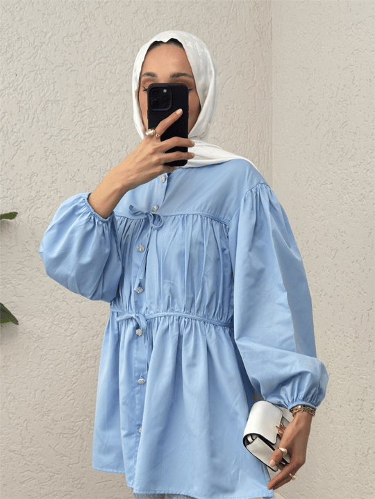 Önü Bağcık Detaylı Boydan Düğmeli Gömlek Tunik -Bebe Mavi