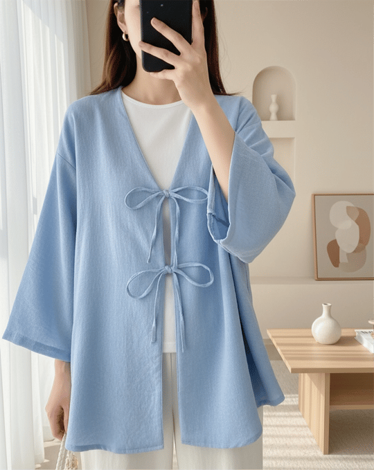 Önü Bağcıklı Keten Kimono -Açık Mavi