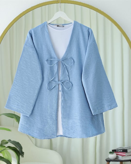 Önü Bağcıklı Keten Kimono -Açık Mavi