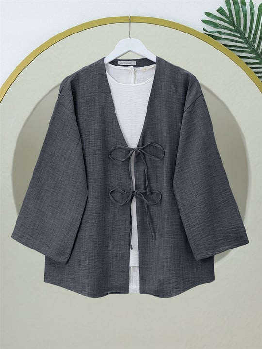 Önü Bağcıklı Keten Kimono   -Antrasit