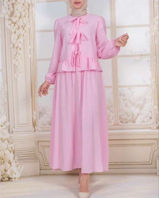 Önü Bağcıklı Kolu Lastikli Etekli Takım  -Pembe