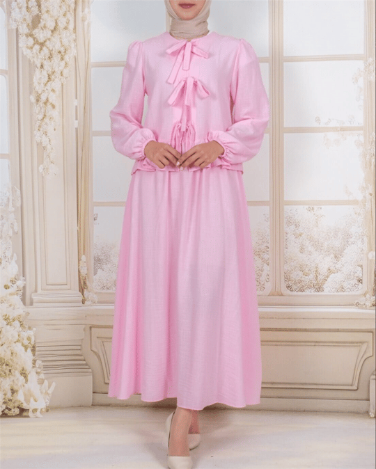Önü Bağcıklı Kolu Lastikli Etekli Takım  -Pembe