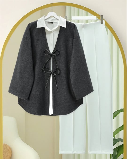 Önü Bağcıklı Oval Kesim Kaşe Kimono     -Antrasit