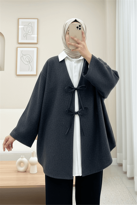 Önü Bağcıklı Oval Kesim Kaşe Kimono     -Antrasit