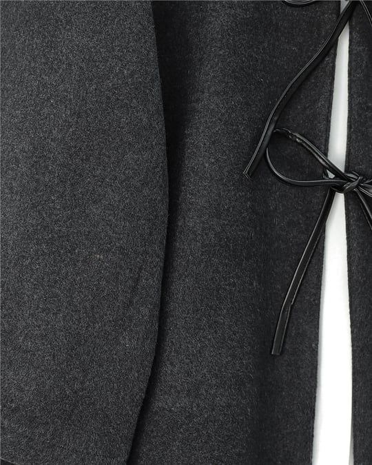 Önü Bağcıklı Oval Kesim Kaşe Kimono     -Antrasit
