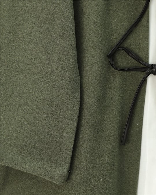 Önü Bağcıklı Oval Kesim Kaşe Kimono     -Haki