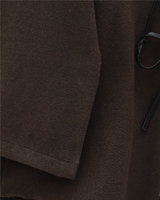 Önü Bağcıklı Oval Kesim Kaşe Kimono     -Kahve