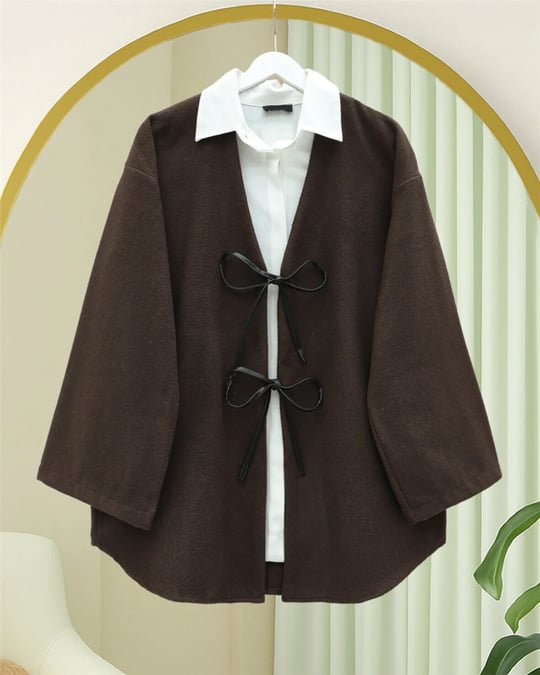 Önü Bağcıklı Oval Kesim Kaşe Kimono     -Kahve