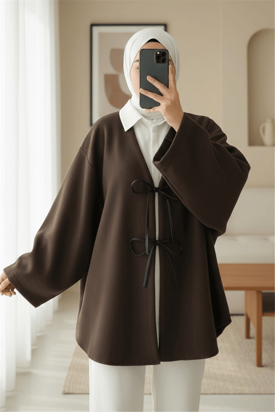 Önü Bağcıklı Oval Kesim Kaşe Kimono     -Kahve