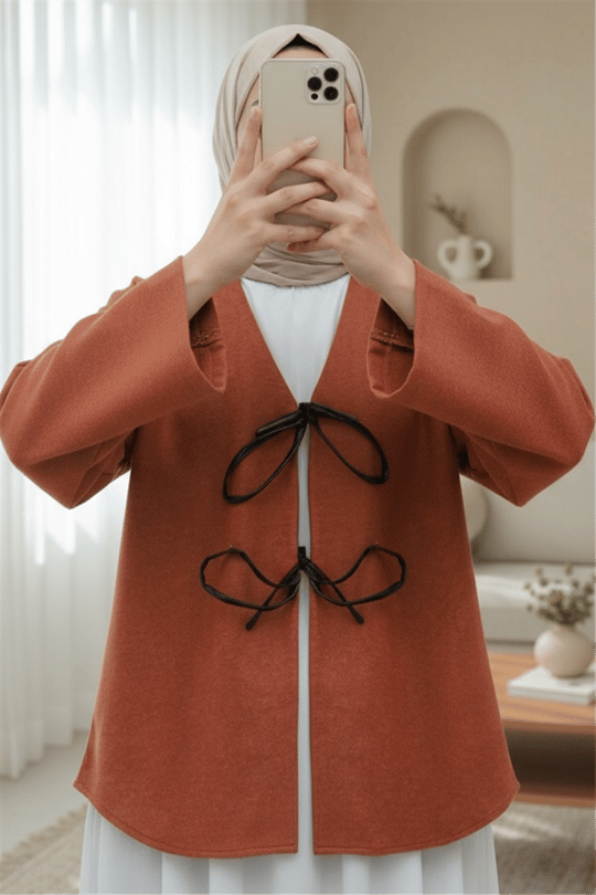 Önü Bağcıklı Oval Kesim Kaşe Kimono    -Kiremit