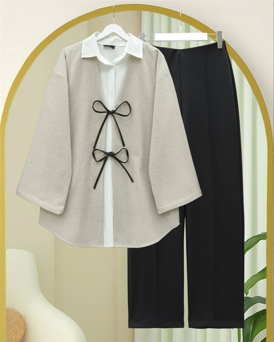 Önü Bağcıklı Oval Kesim Kaşe Kimono     -Taş