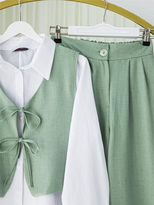 Önü Bağcıklı Pantolon Yelek İkili Keten Takım -Mint