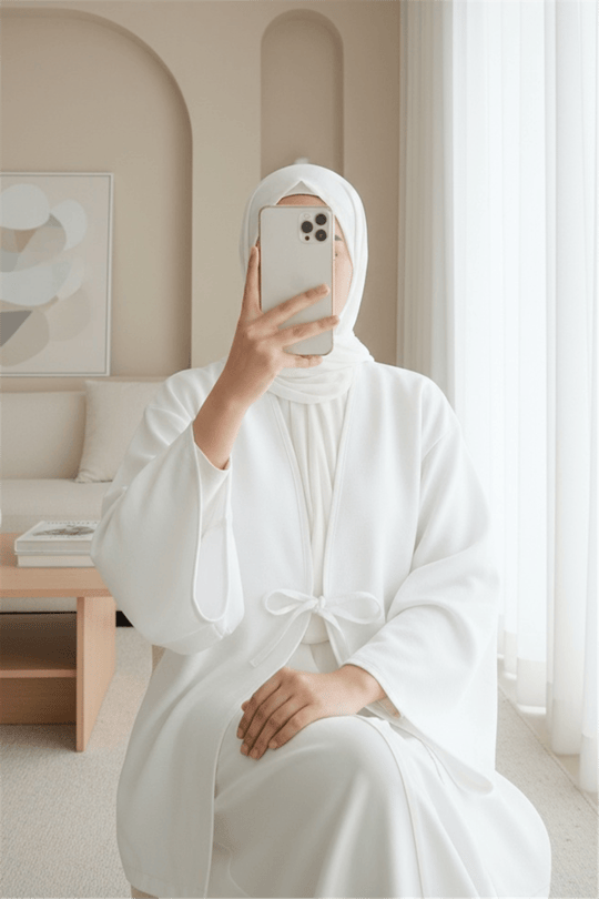 Önü Bağcıklı Poplin Kimono -Beyaz
