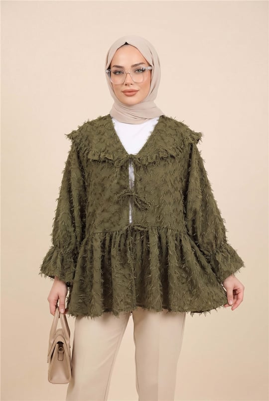 Önü Bağcıklı Tüylü Dokulu Clip Jakar Kimono -Haki