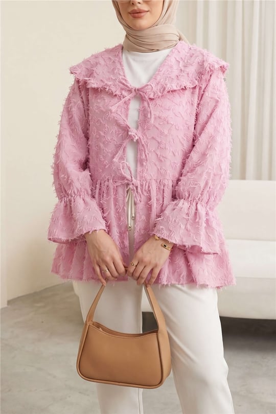 Önü Bağcıklı Tüylü Dokulu Clip Jakar Kimono -Pembe