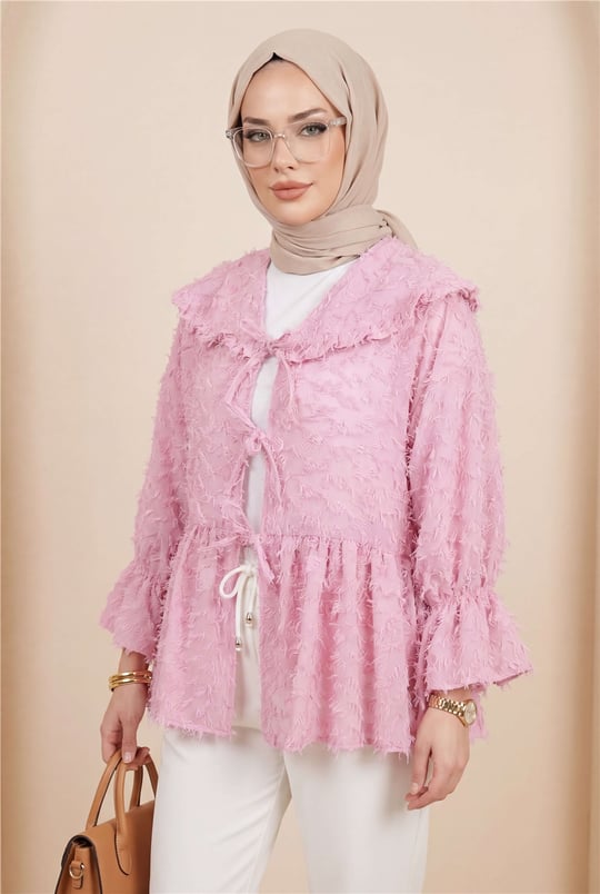 Önü Bağcıklı Tüylü Dokulu Clip Jakar Kimono -Pembe