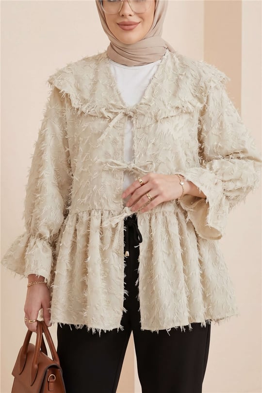 Önü Bağcıklı Tüylü Dokulu Clip Jakar Kimono -Bej
