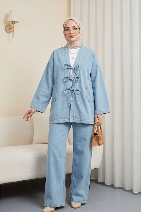 Önü Bağlamalı Cepli Pantolonlu Kot Kimono Takım   -Açık Mavi