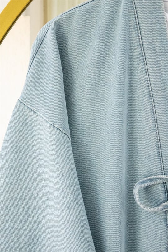 Önü Bağlamalı Cepli Pantolonlu Kot Kimono Takım   -Açık Mavi