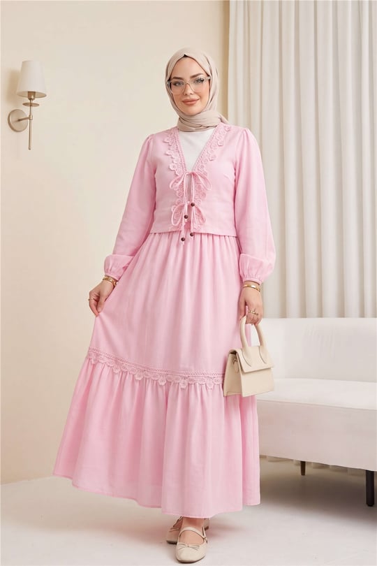 Önü Bağlamalı Dantel Detaylı Eteği Astarlı Keten Takım   -Pembe