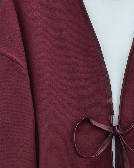 Önü Bağlamalı Deri Detaylı Salaş Kimono  -Bordo