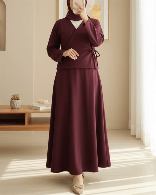 Önü Bağlamalı Etekli Kaşe Kimono Takım -Bordo
