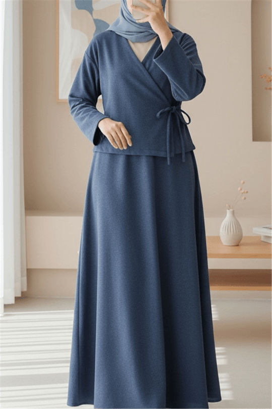 Önü Bağlamalı Etekli Kaşe Kimono Takım -İndigo