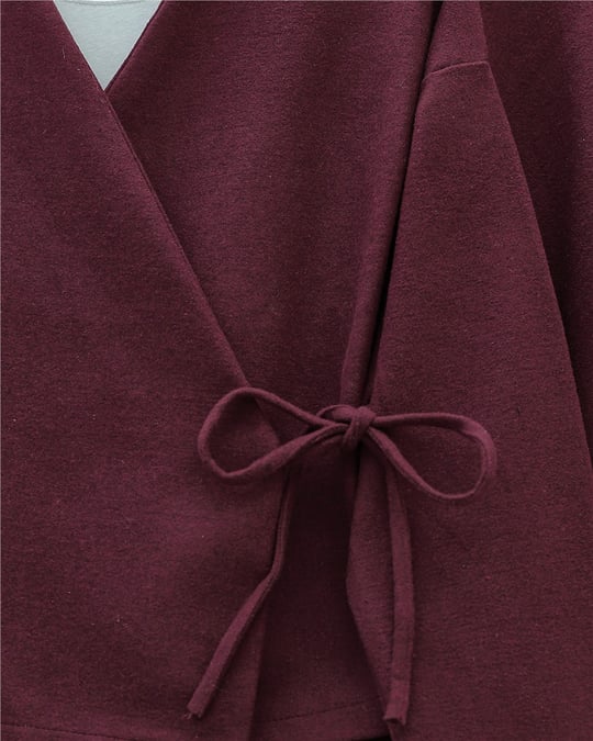 Önü Bağlamalı Etekli Kaşe Kimono Takım -Bordo