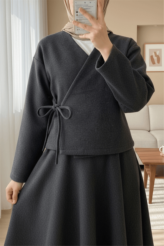 Önü Bağlamalı Etekli Kaşe Kimono Takım -Antrasit