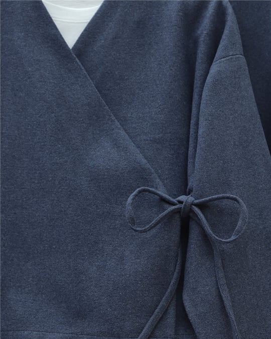 Önü Bağlamalı Etekli Kaşe Kimono Takım -İndigo